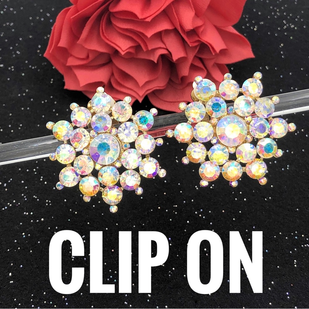 Iridescent Rhinestone Large Statement Clip On Earrings